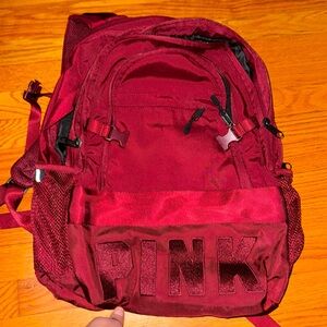 PINK Victorias Secret Collegiate Backpack Red School Travel Bag Multi Pocket